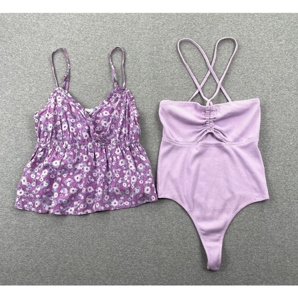 Lot of 2 Nordstrom Tank Tops XS Purple Floral Babydoll & Rib Knit Bodysuit - Picture 1 of 16